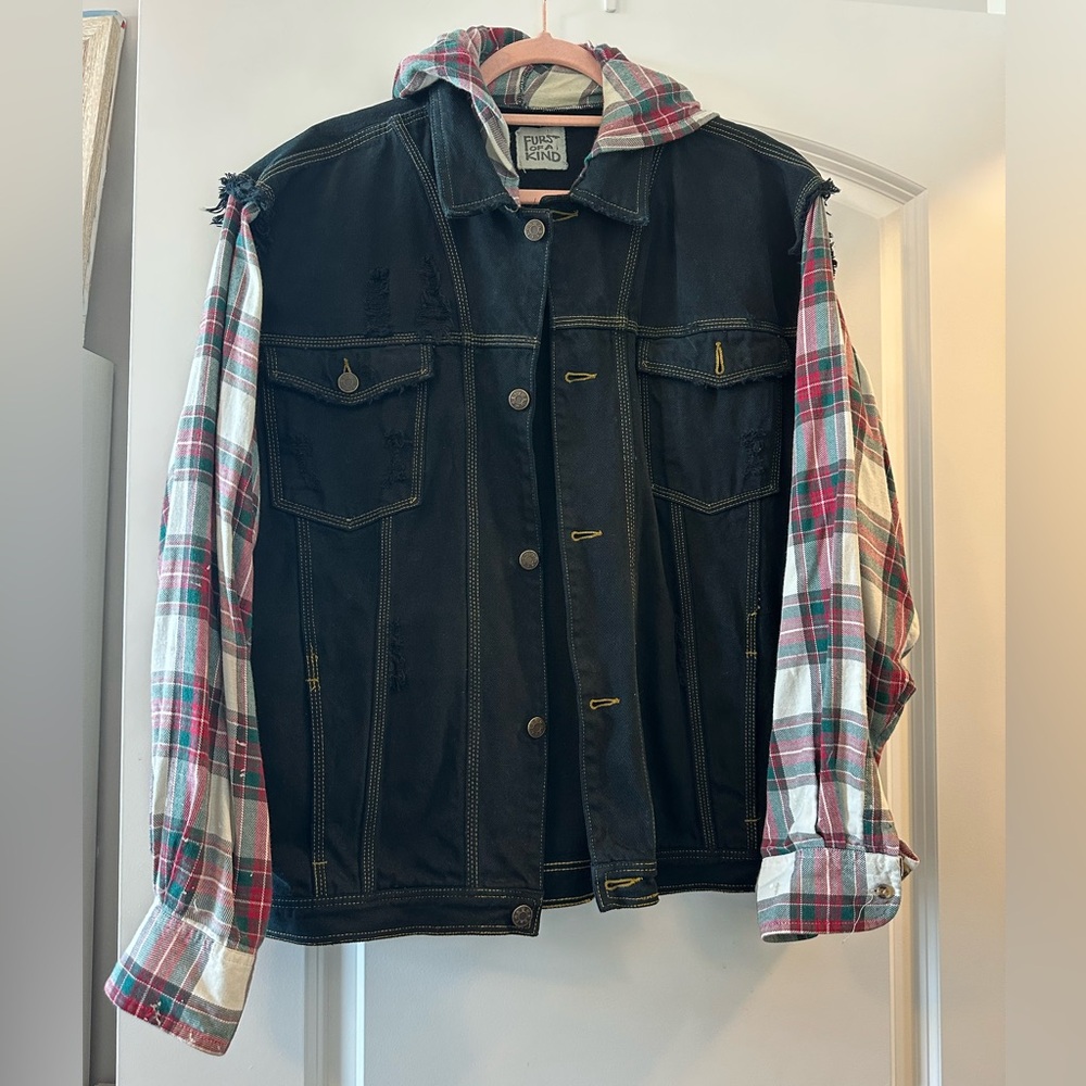 FURST OF A KIND BLACK AND PLAID DENIM JACKET